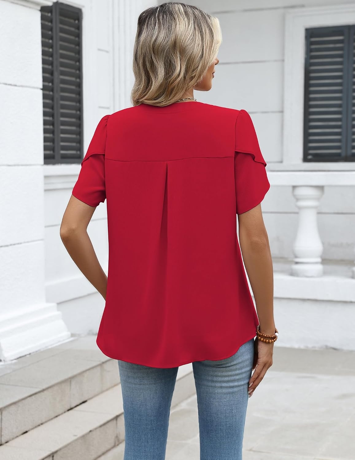 image:imageZeagoo Womens Dressy Casual Chffon Shirts Short Sleeve V Neck Work BlouseRed