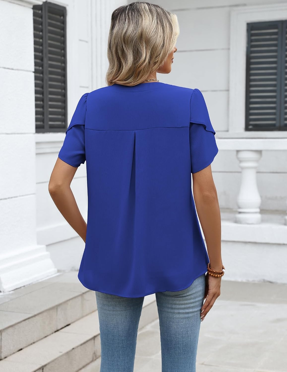 image:imageZeagoo Womens Dressy Casual Chffon Shirts Short Sleeve V Neck Work BlouseRoyal Blue