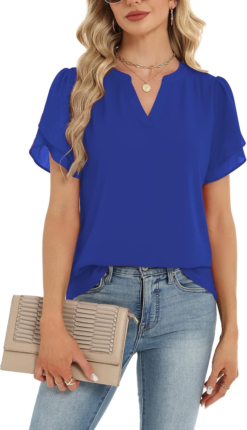 image:imageZeagoo Womens Dressy Casual Chffon Shirts Short Sleeve V Neck Work BlouseRoyal Blue