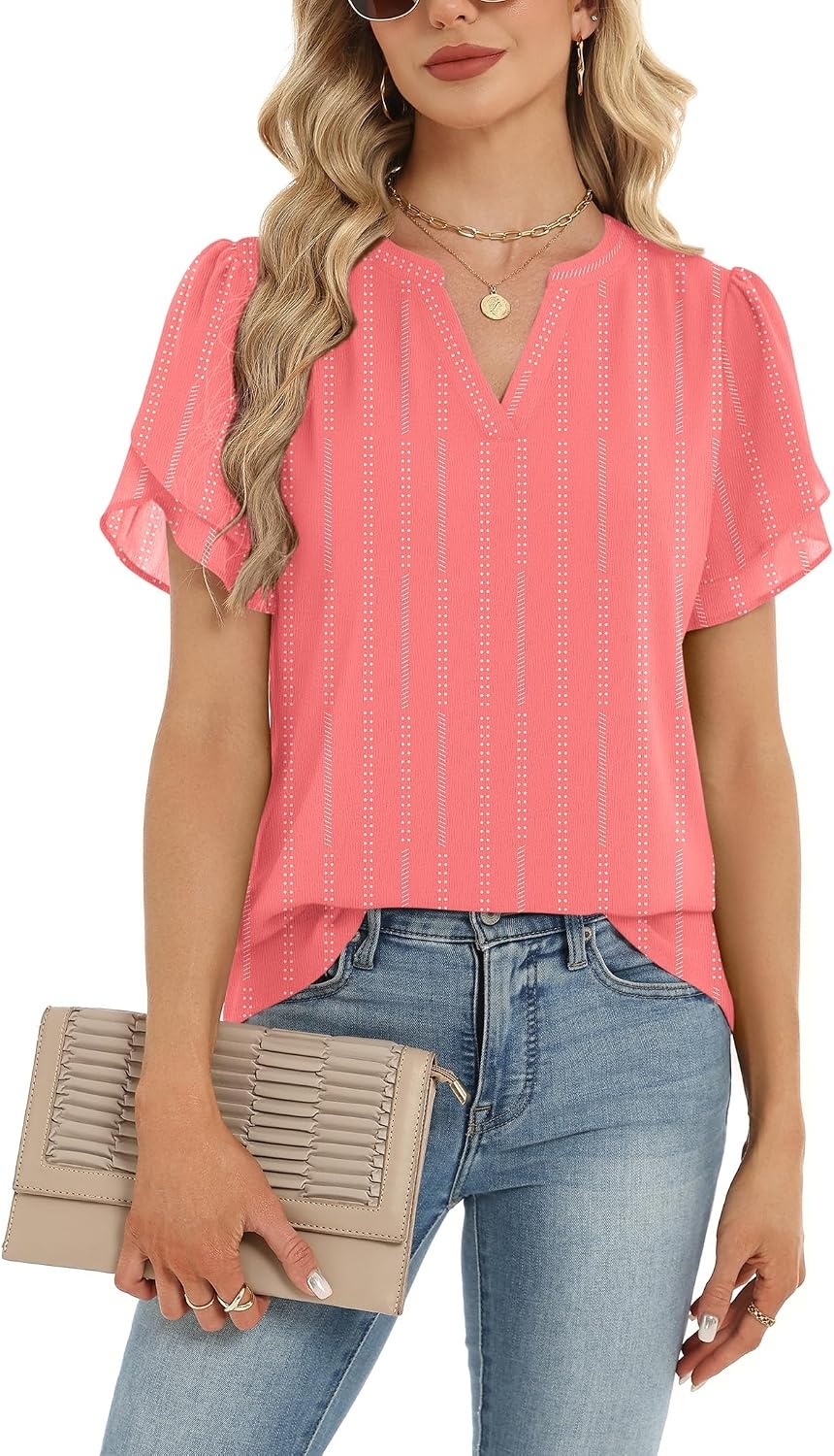 image:imageZeagoo Womens Dressy Casual Chffon Shirts Short Sleeve V Neck Work BlouseStripe