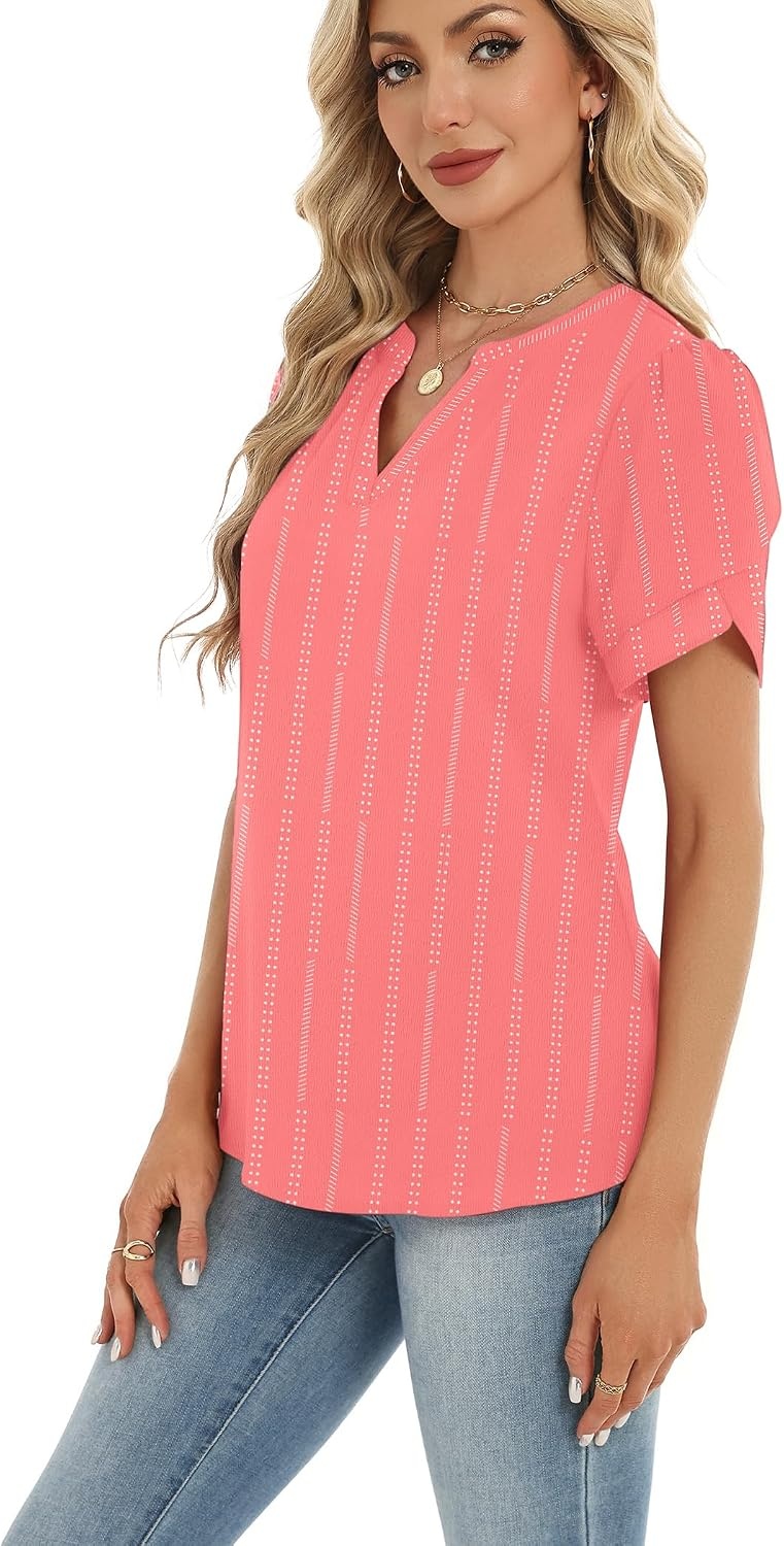 image:imageZeagoo Womens Dressy Casual Chffon Shirts Short Sleeve V Neck Work BlouseStripe