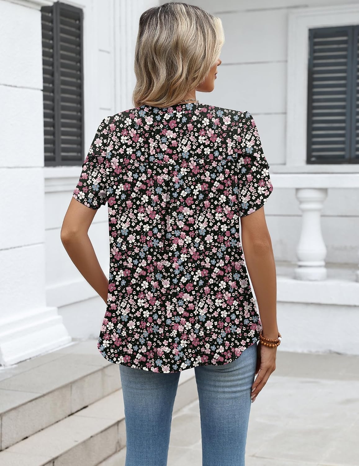 image:imageZeagoo Womens Dressy Casual Chffon Shirts Short Sleeve V Neck Work BlouseSummer Flower