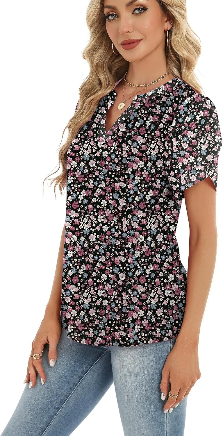 image:imageZeagoo Womens Dressy Casual Chffon Shirts Short Sleeve V Neck Work BlouseSummer Flower