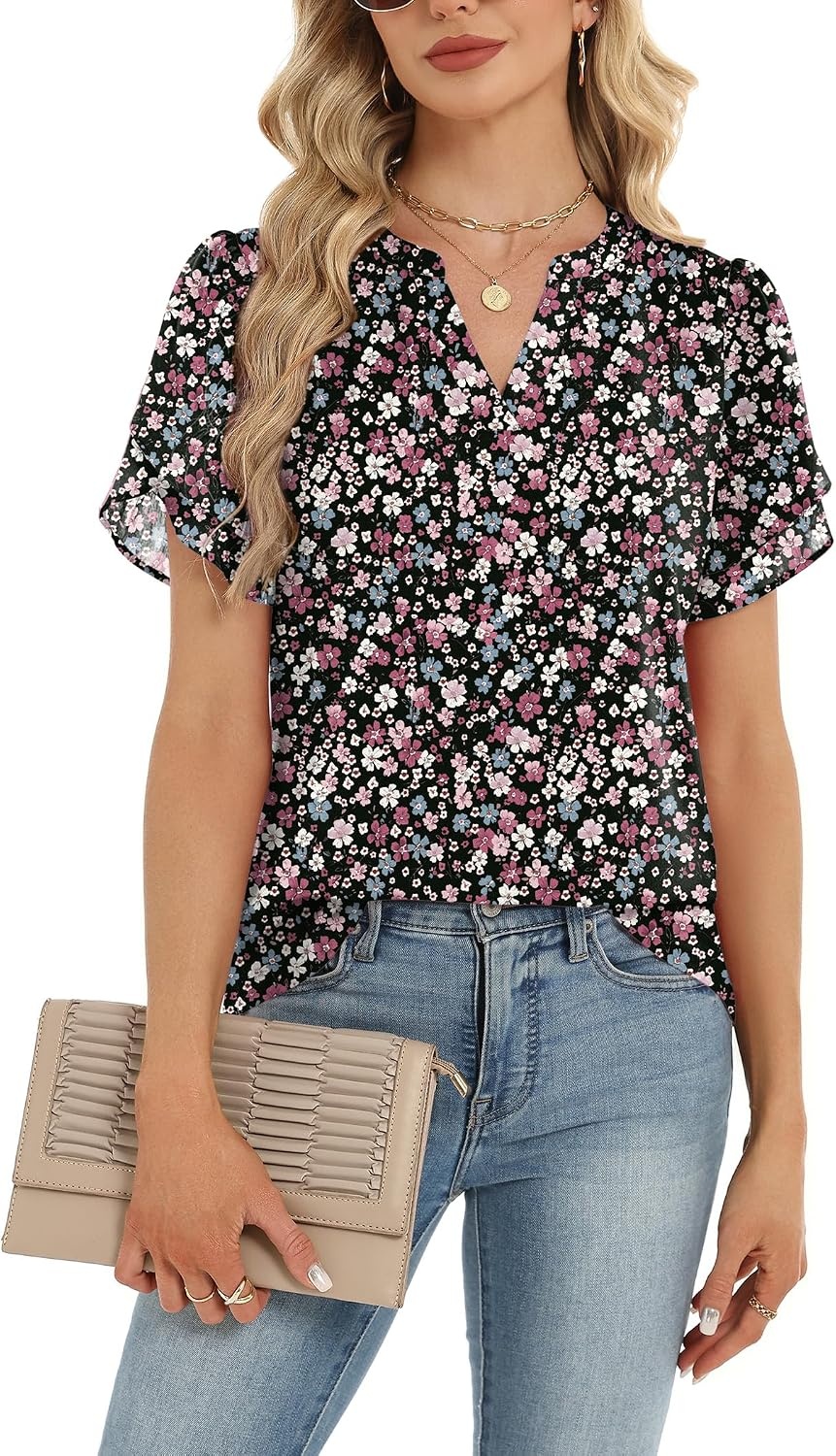 image:imageZeagoo Womens Dressy Casual Chffon Shirts Short Sleeve V Neck Work BlouseSummer Flower