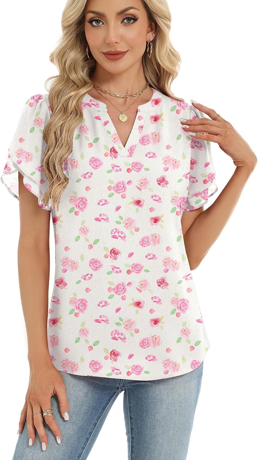 image:imageZeagoo Womens Dressy Casual Chffon Shirts Short Sleeve V Neck Work BlouseWhite Floral