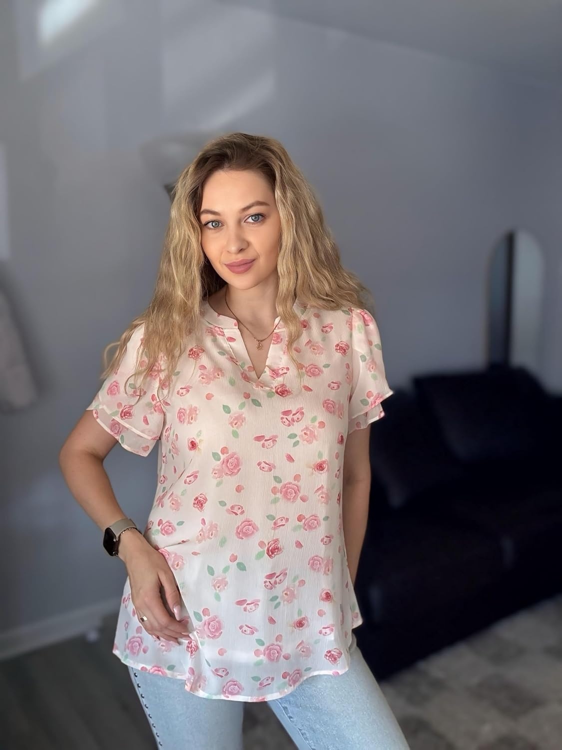 image:imageZeagoo Womens Dressy Casual Chffon Shirts Short Sleeve V Neck Work BlouseWhite Floral