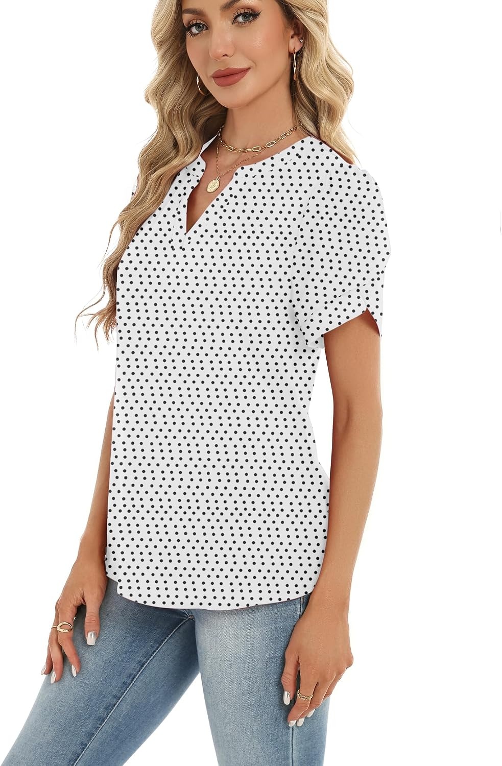 image:imageZeagoo Womens Dressy Casual Chffon Shirts Short Sleeve V Neck Work BlouseWhite Polka Dots