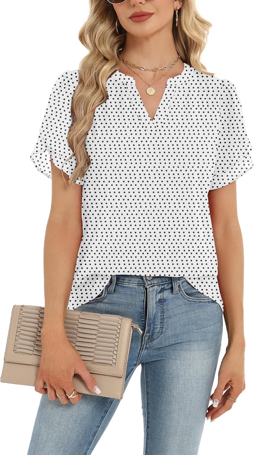 image:imageZeagoo Womens Dressy Casual Chffon Shirts Short Sleeve V Neck Work BlouseWhite Polka Dots