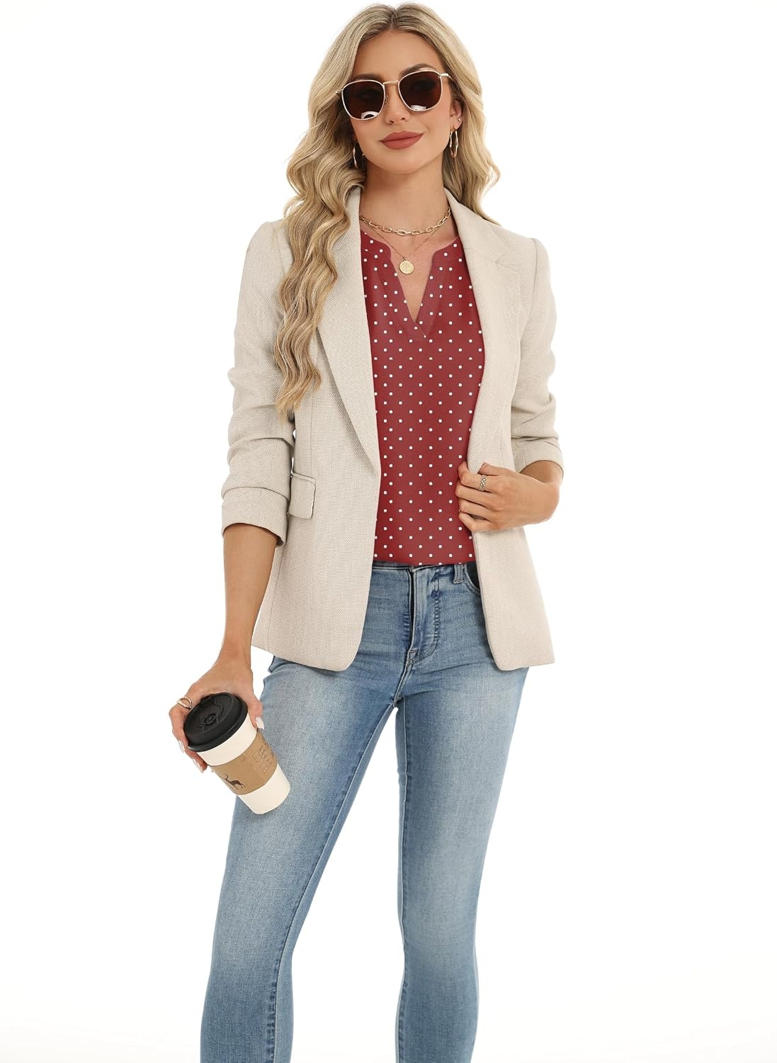 image:imageZeagoo Womens Dressy Casual Chffon Shirts Short Sleeve V Neck Work BlouseWine Red Polka