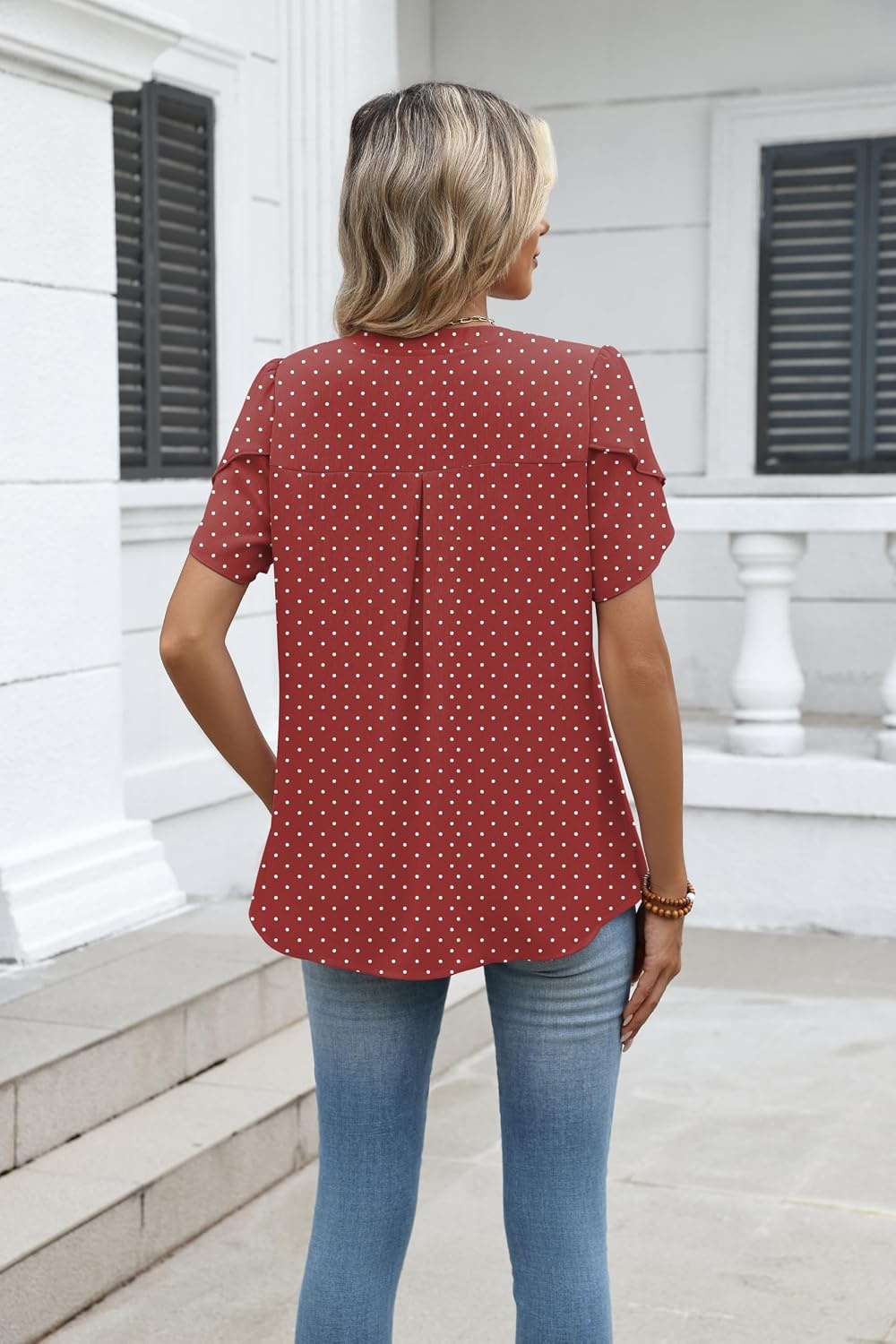image:imageZeagoo Womens Dressy Casual Chffon Shirts Short Sleeve V Neck Work BlouseWine Red Polka