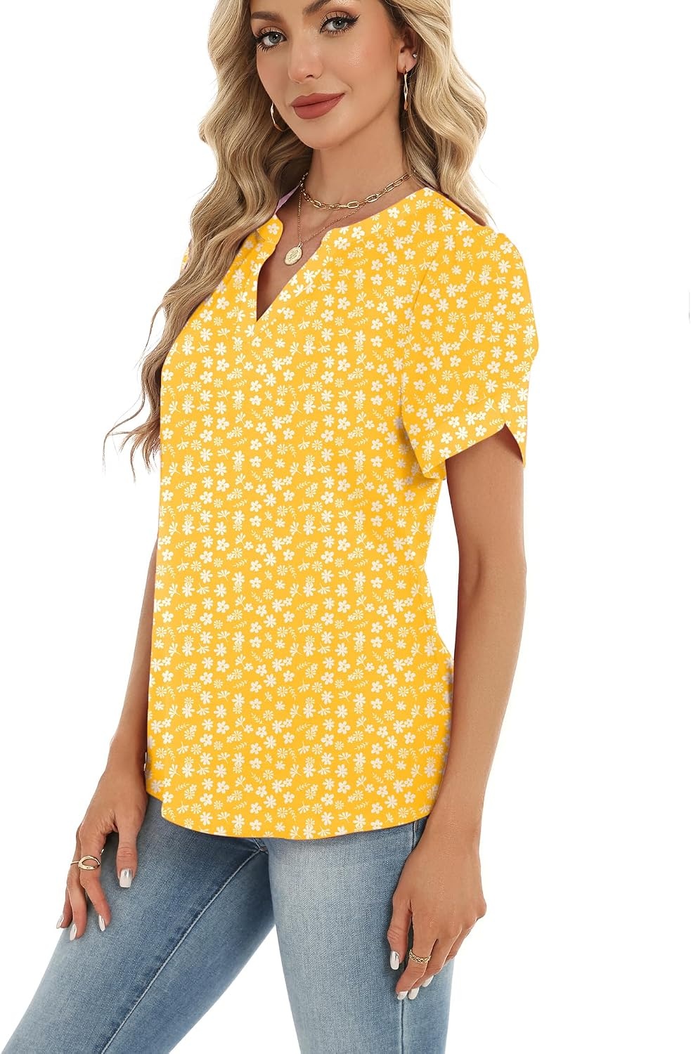 image:imageZeagoo Womens Dressy Casual Chffon Shirts Short Sleeve V Neck Work BlouseYellow Floral