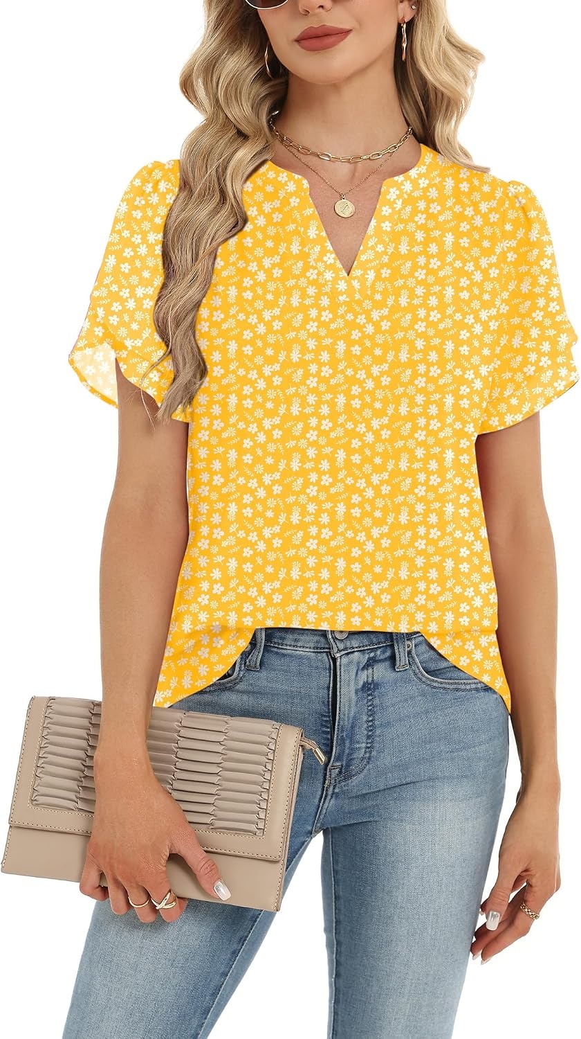 image:imageZeagoo Womens Dressy Casual Chffon Shirts Short Sleeve V Neck Work BlouseYellow Floral