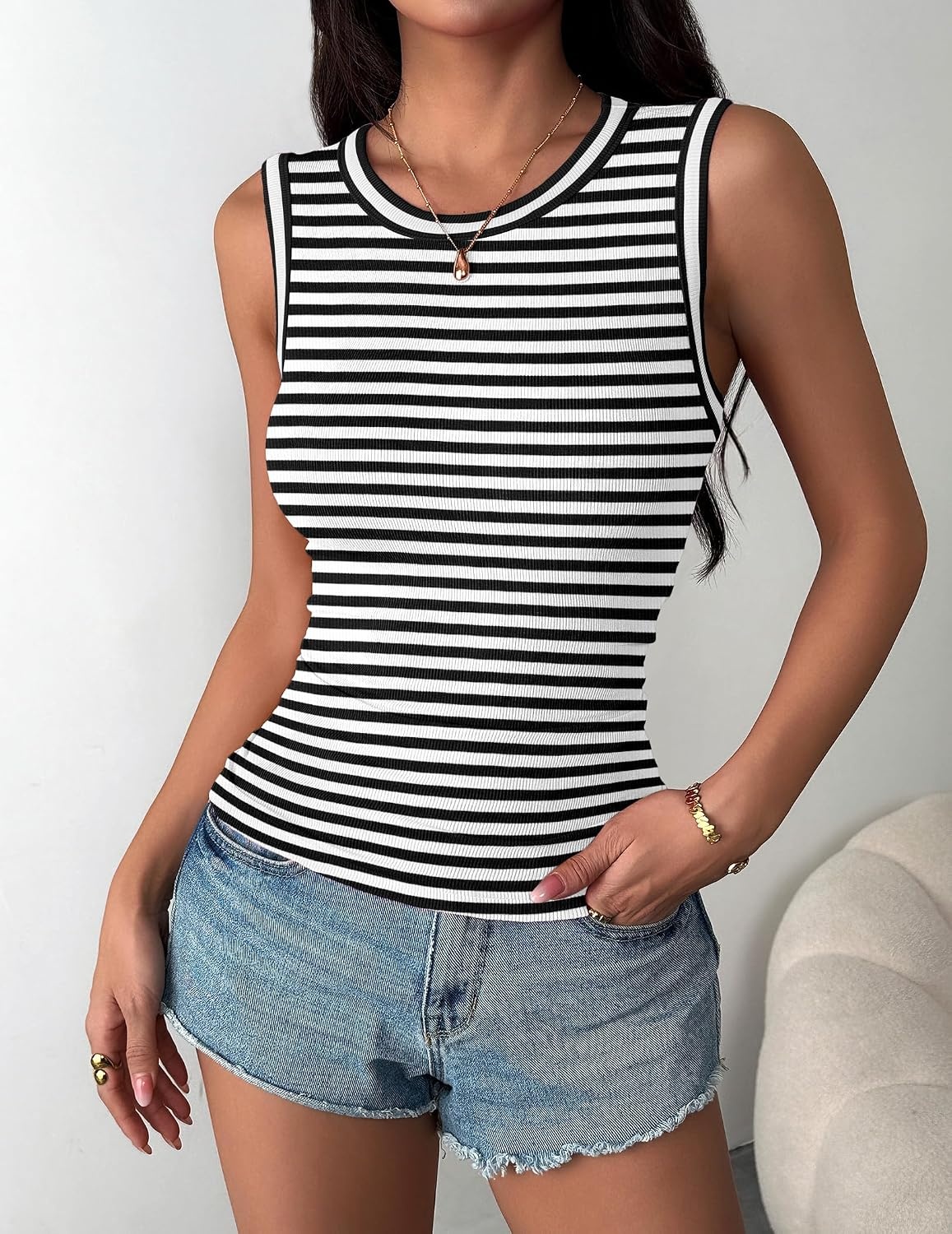 image:imageZeagoo Womens Sleeveless Crewneck Ribbed Tank Tops Casual Basic Summer TopA Stripe Black White