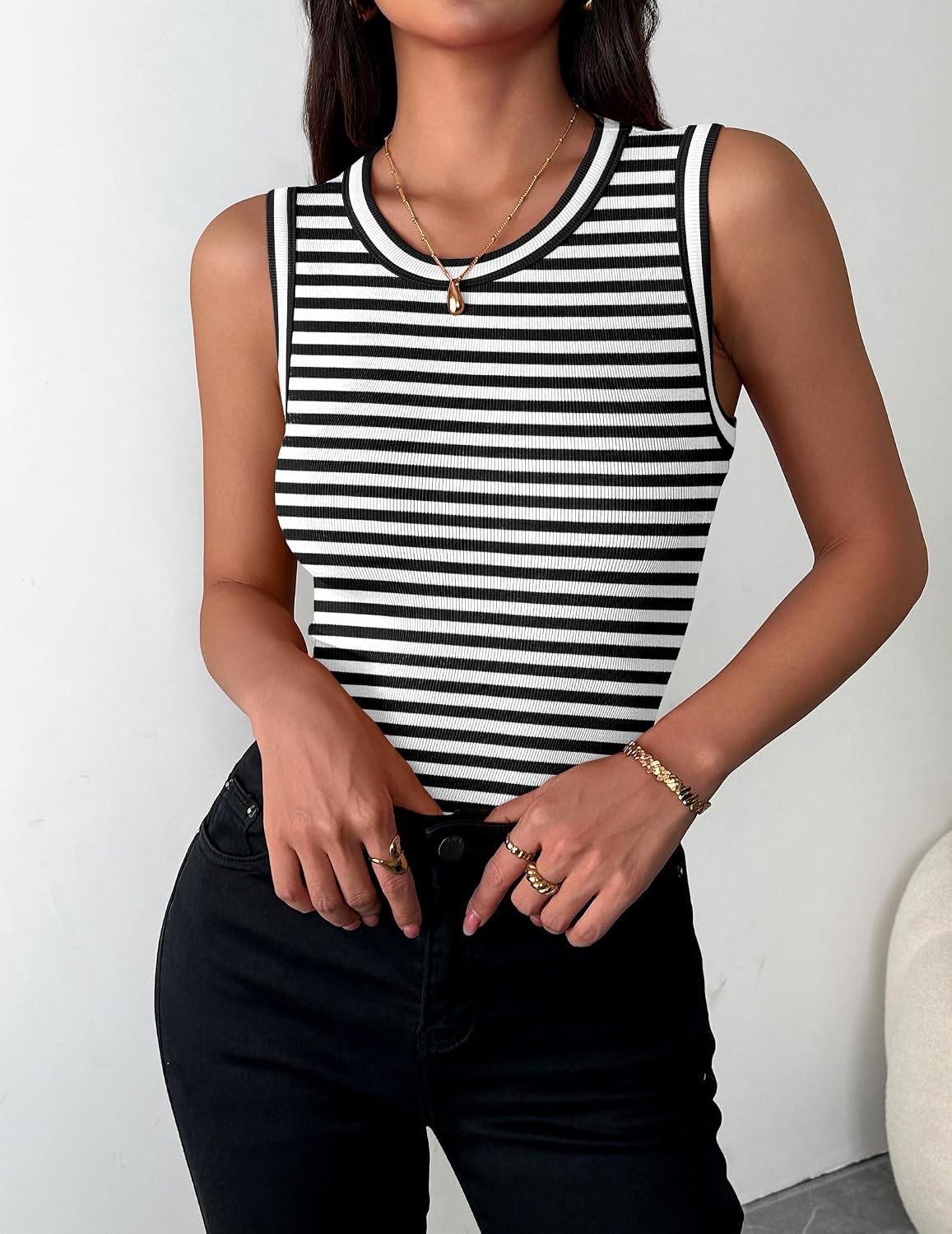 image:imageZeagoo Womens Sleeveless Crewneck Ribbed Tank Tops Casual Basic Summer TopA Stripe Black White