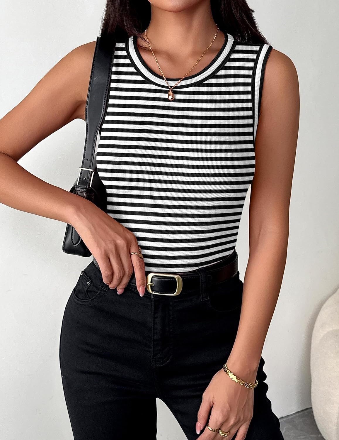 image:imageZeagoo Womens Sleeveless Crewneck Ribbed Tank Tops Casual Basic Summer TopA Stripe Black White