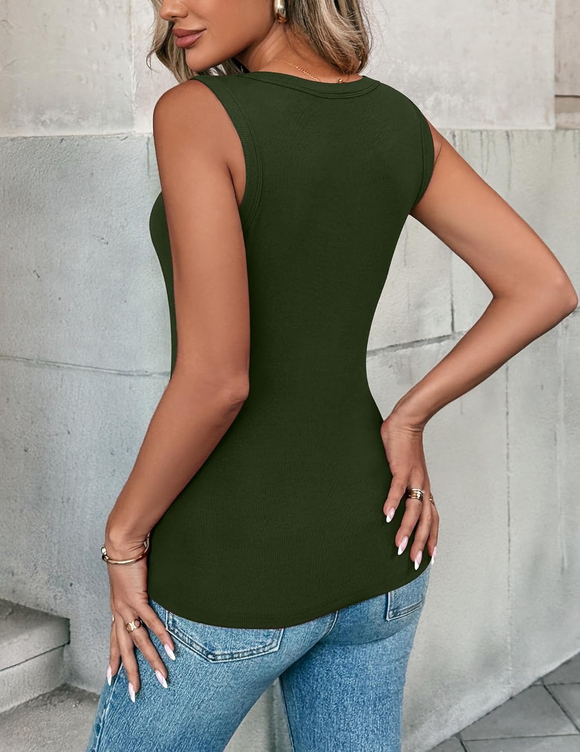 image:imageZeagoo Womens Sleeveless Crewneck Ribbed Tank Tops Casual Basic Summer TopArmy Green