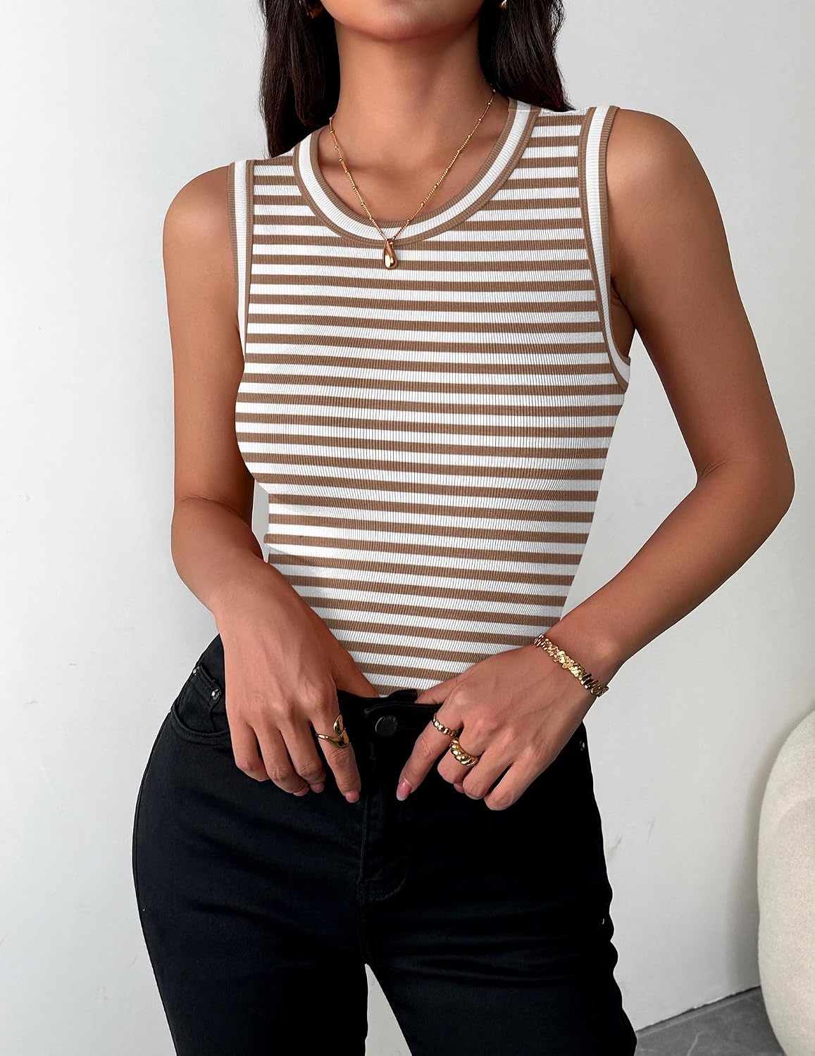 image:imageZeagoo Womens Sleeveless Crewneck Ribbed Tank Tops Casual Basic Summer TopB Stripe Brown White