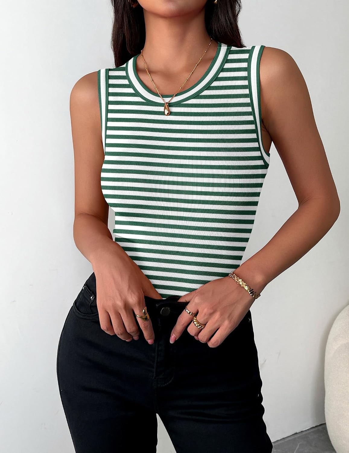 image:imageZeagoo Womens Sleeveless Crewneck Ribbed Tank Tops Casual Basic Summer TopB Stripe Green White