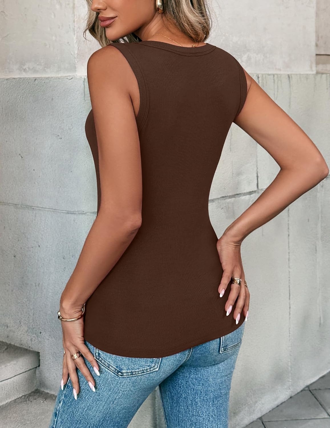 image:imageZeagoo Womens Sleeveless Crewneck Ribbed Tank Tops Casual Basic Summer TopBrown