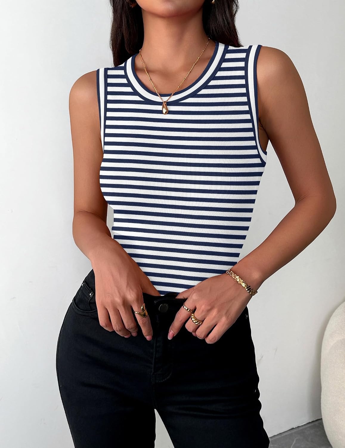 image:imageZeagoo Womens Sleeveless Crewneck Ribbed Tank Tops Casual Basic Summer TopNavy White Stripe