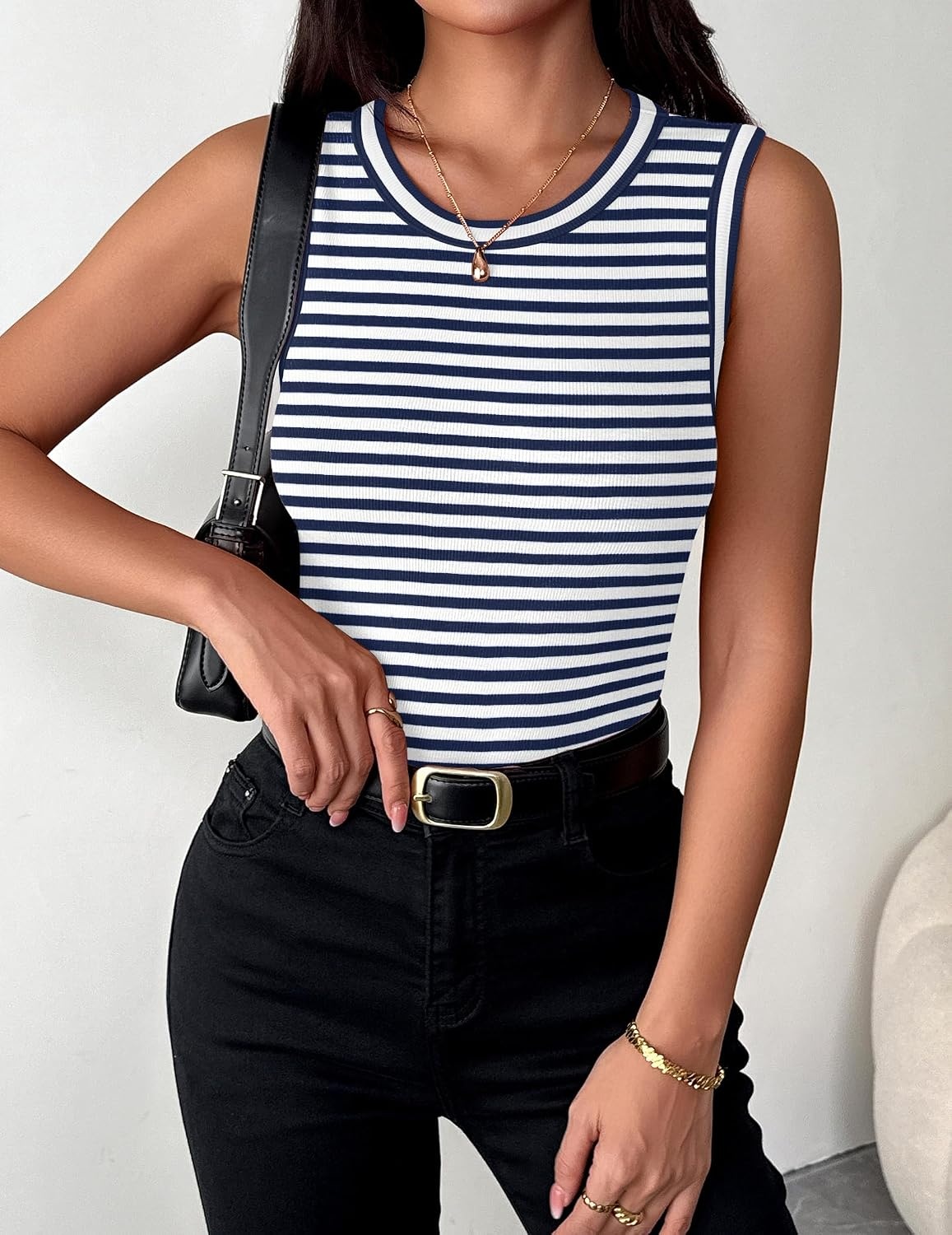 image:imageZeagoo Womens Sleeveless Crewneck Ribbed Tank Tops Casual Basic Summer TopNavy White Stripe