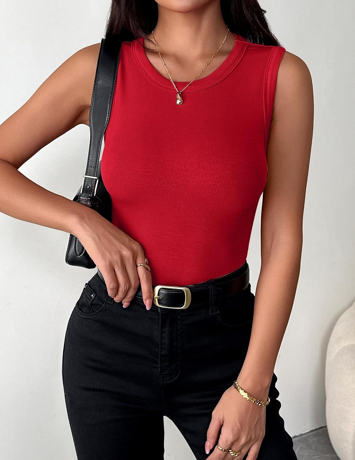 image:imageZeagoo Womens Sleeveless Crewneck Ribbed Tank Tops Casual Basic Summer TopRed