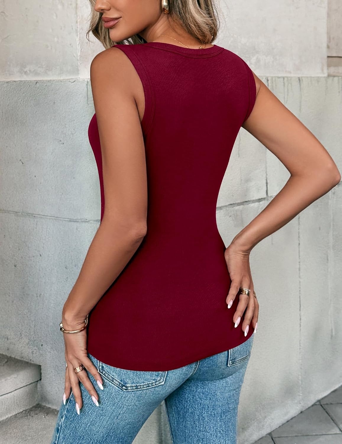 image:imageZeagoo Womens Sleeveless Crewneck Ribbed Tank Tops Casual Basic Summer TopWine Red