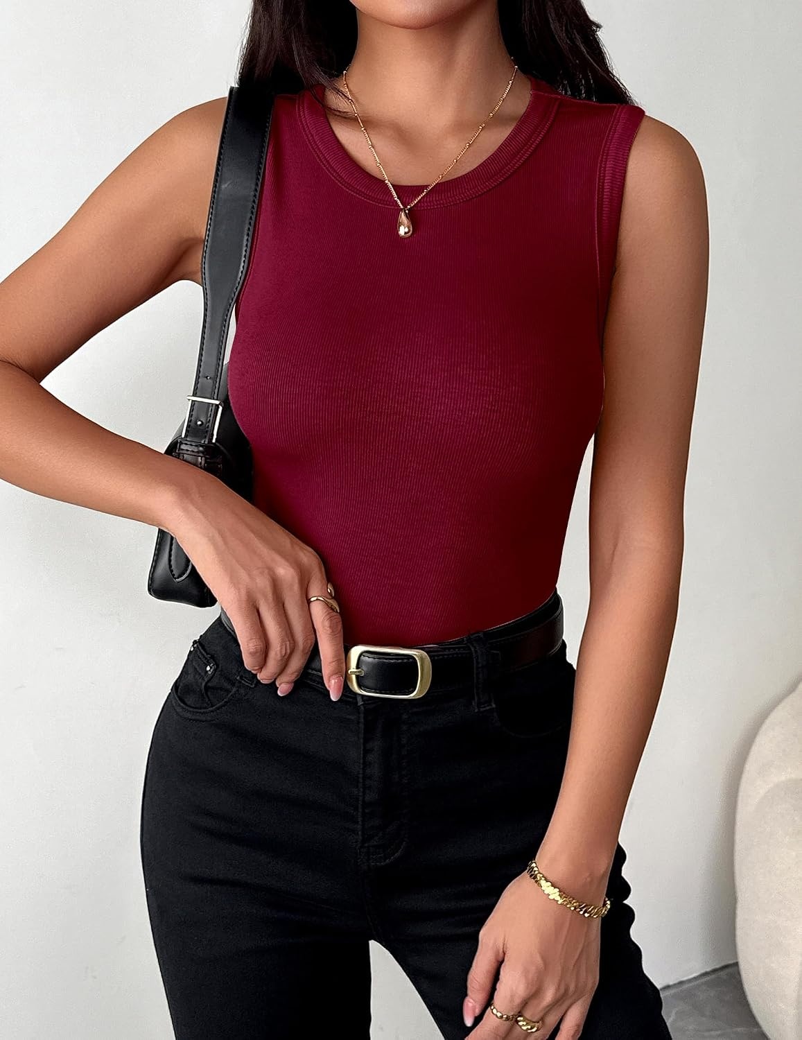 image:imageZeagoo Womens Sleeveless Crewneck Ribbed Tank Tops Casual Basic Summer TopWine Red