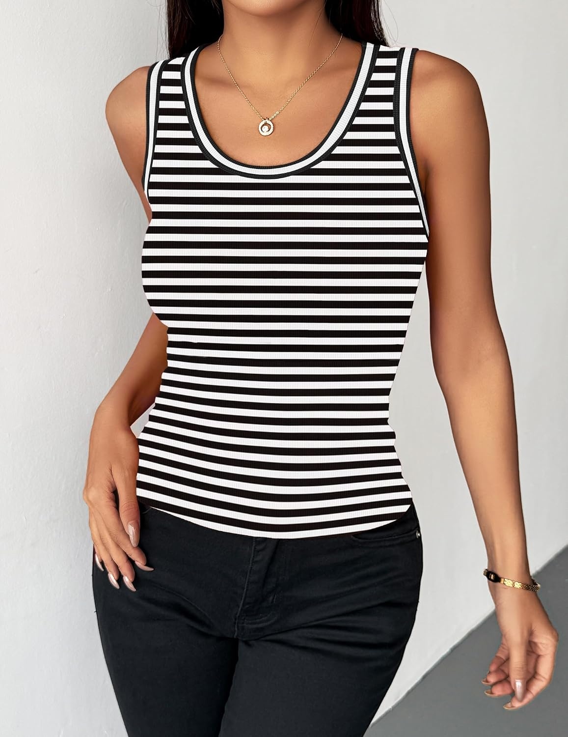 image:imageZeagoo Womens Sleeveless Scoop Neck Tank Tops Ribbed Fitted Basic Tops 2026Atw454 Stripe Black White