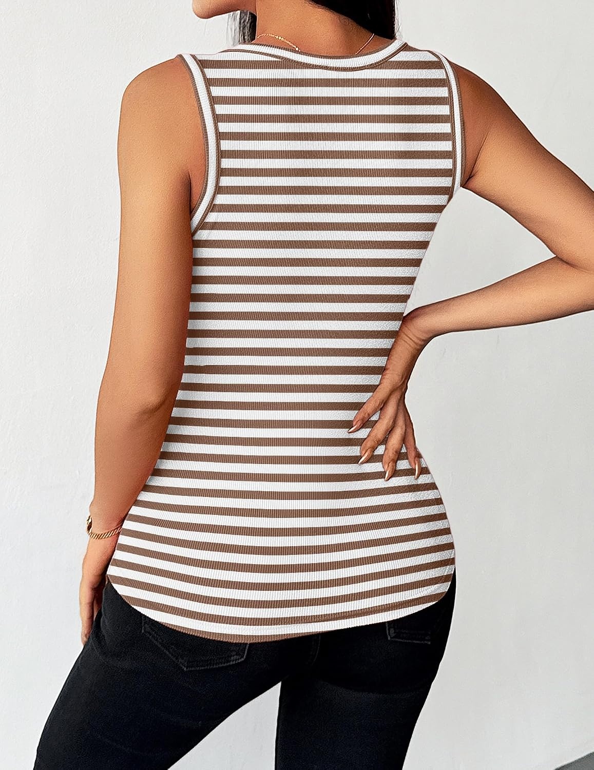 image:imageZeagoo Womens Sleeveless Scoop Neck Tank Tops Ribbed Fitted Basic Tops 2026Atw541 Stripe Brown White