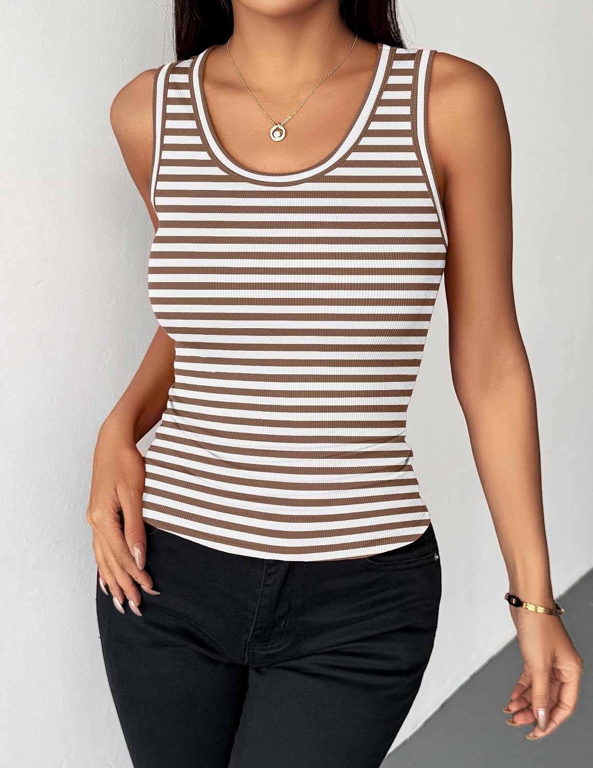 image:imageZeagoo Womens Sleeveless Scoop Neck Tank Tops Ribbed Fitted Basic Tops 2026Atw541 Stripe Brown White