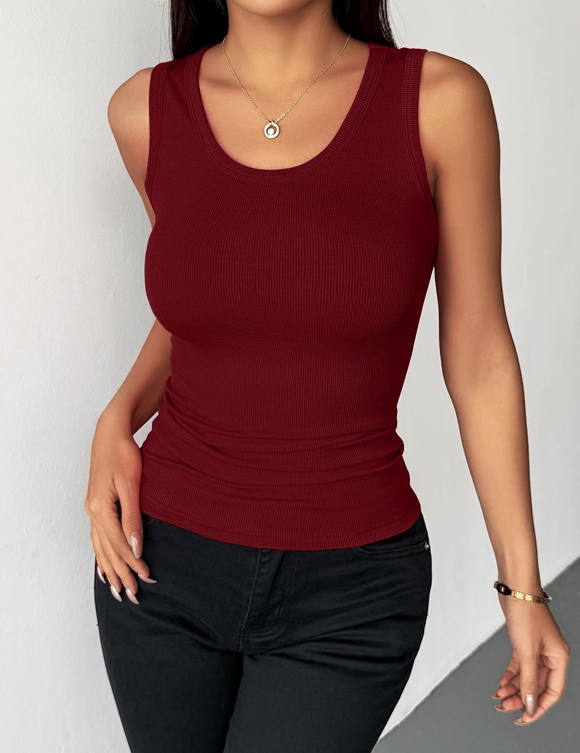 image:imageZeagoo Womens Sleeveless Scoop Neck Tank Tops Ribbed Fitted Basic Tops 2026Wine Red