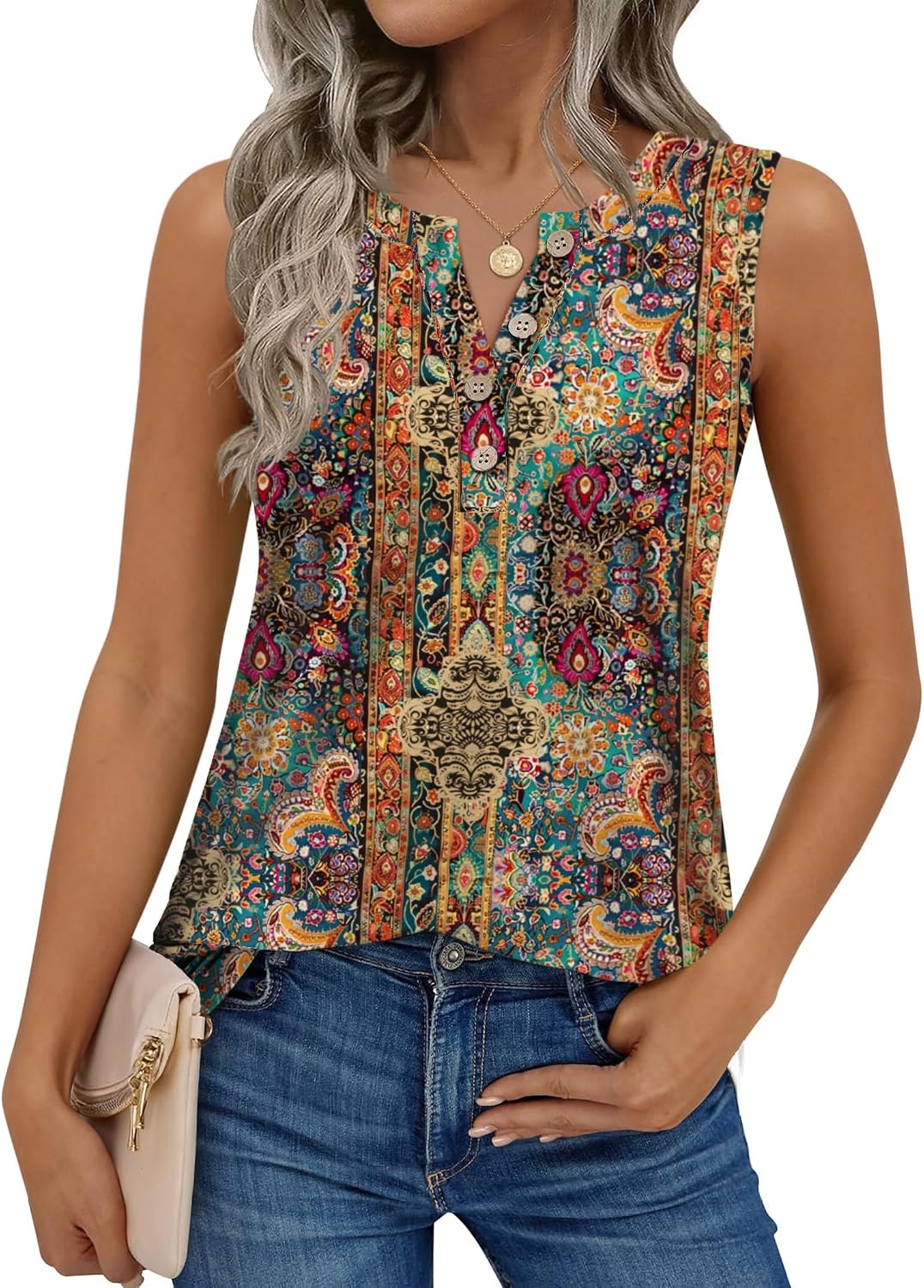 image:imageZeagoo Womens Sleeveless Tank Tops Crew Neck Loose Fit Button Summer TopsA Mz721