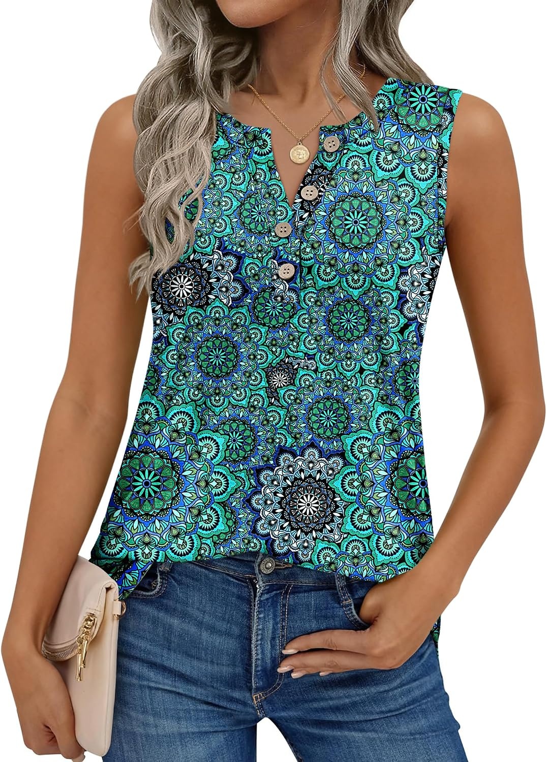 image:imageZeagoo Womens Sleeveless Tank Tops Crew Neck Loose Fit Button Summer TopsA Mz858