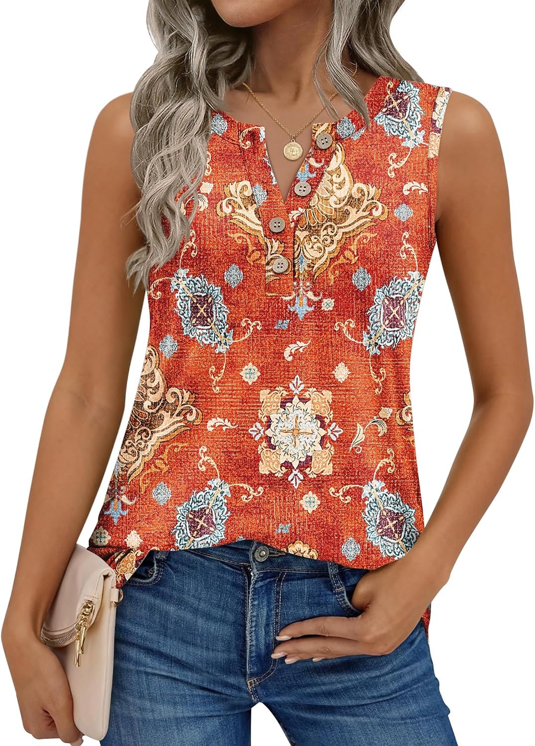 image:imageZeagoo Womens Sleeveless Tank Tops Crew Neck Loose Fit Button Summer TopsMz916