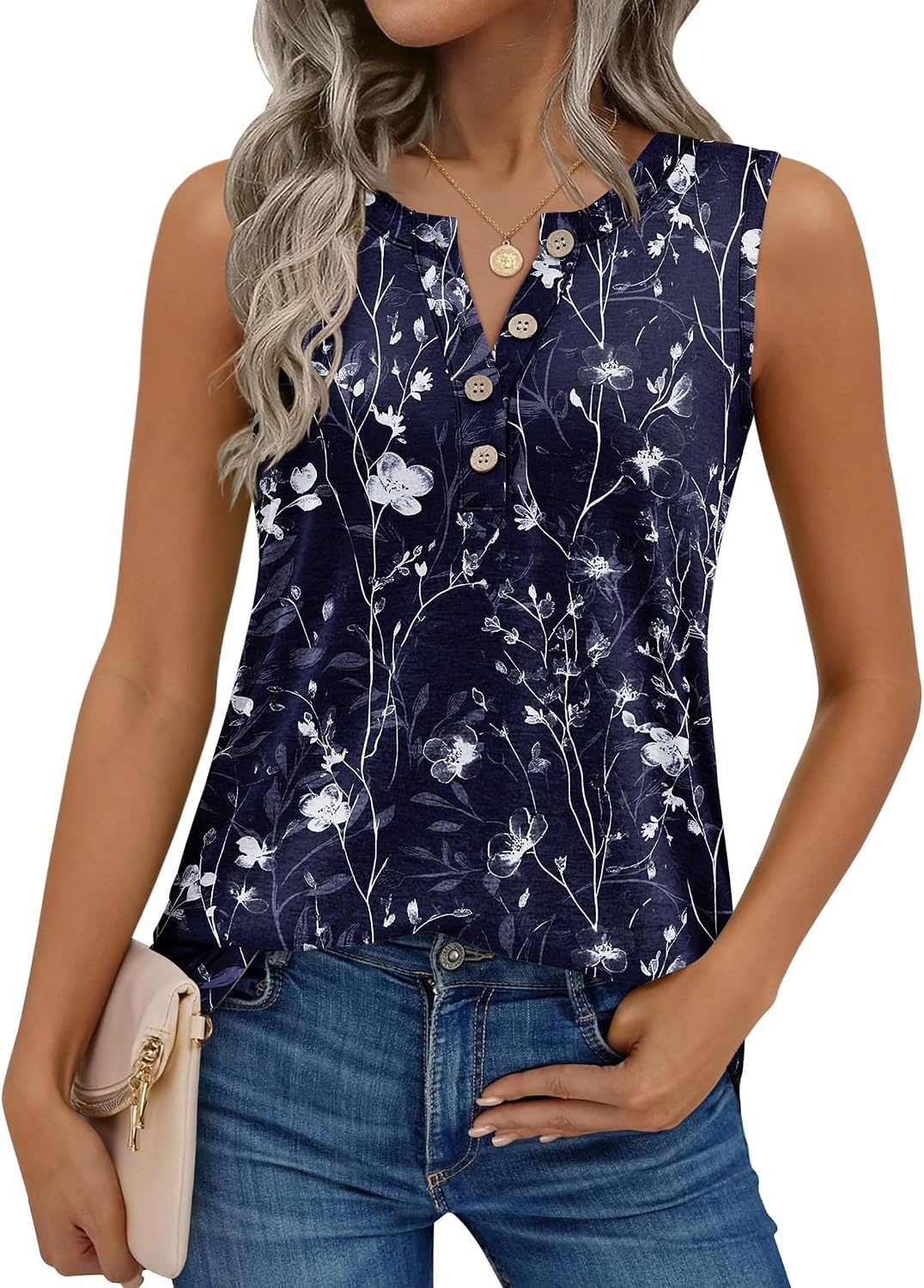 image:imageZeagoo Womens Sleeveless Tank Tops Crew Neck Loose Fit Button Summer TopsSf180