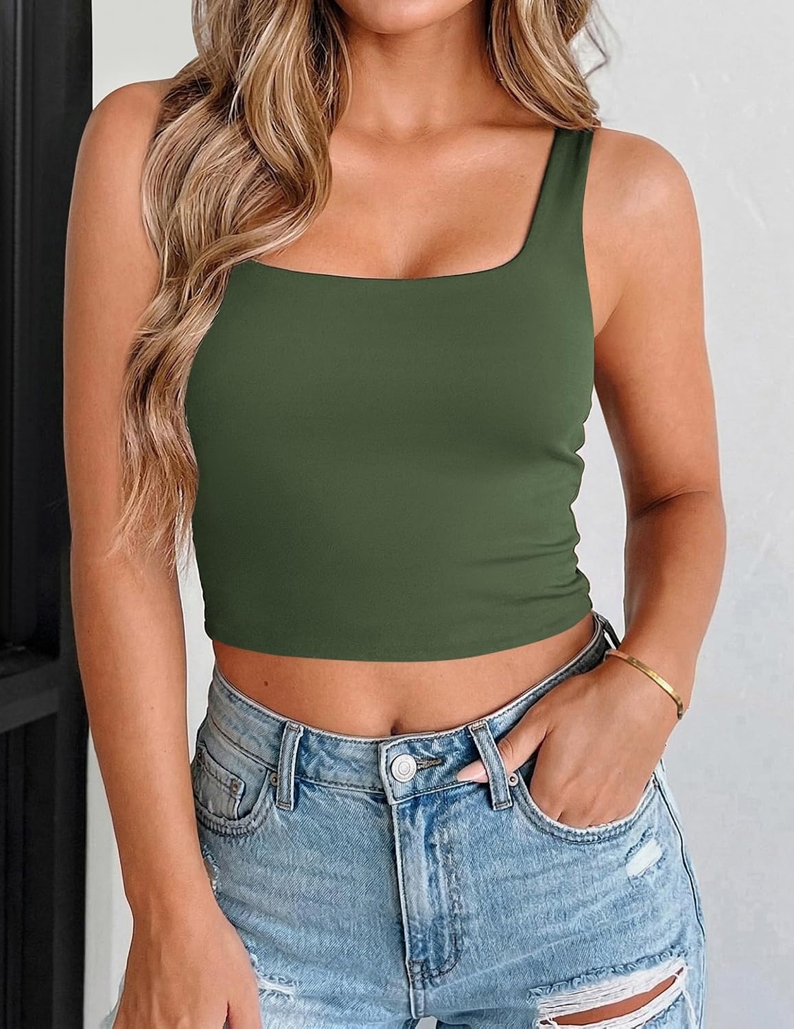 image:imageZeagoo Womens Square Neck Crop Tops Cute Double Layer Casual Slim TankArmy Green