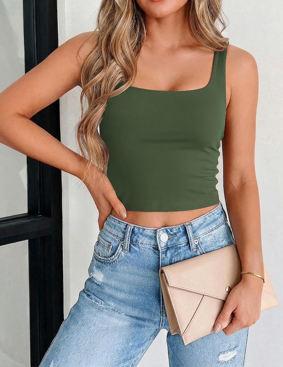image:imageZeagoo Womens Square Neck Crop Tops Cute Double Layer Casual Slim TankArmy Green