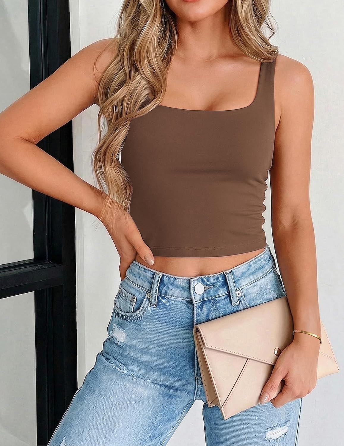 image:imageZeagoo Womens Square Neck Crop Tops Cute Double Layer Casual Slim TankBrown