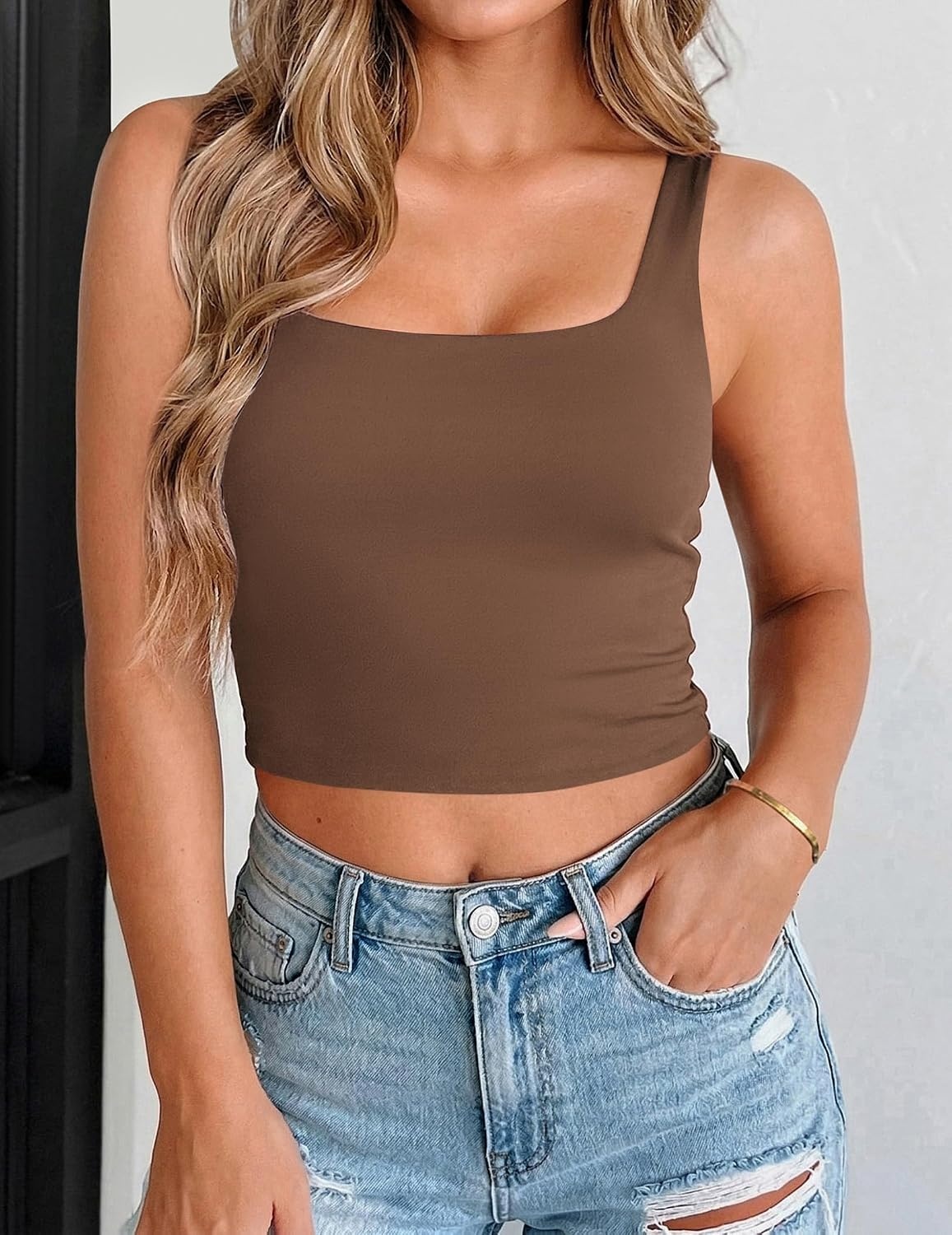 image:imageZeagoo Womens Square Neck Crop Tops Cute Double Layer Casual Slim TankBrown