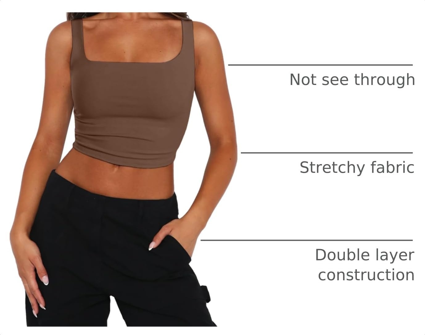 image:imageZeagoo Womens Square Neck Crop Tops Cute Double Layer Casual Slim TankBrown