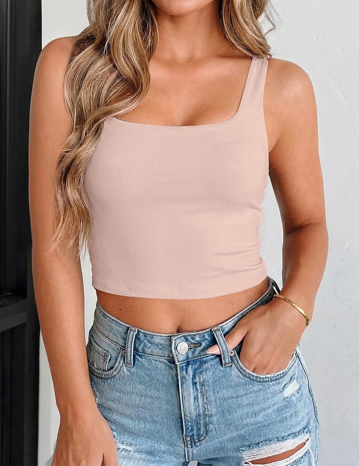 image:imageZeagoo Womens Square Neck Crop Tops Cute Double Layer Casual Slim TankChampagne