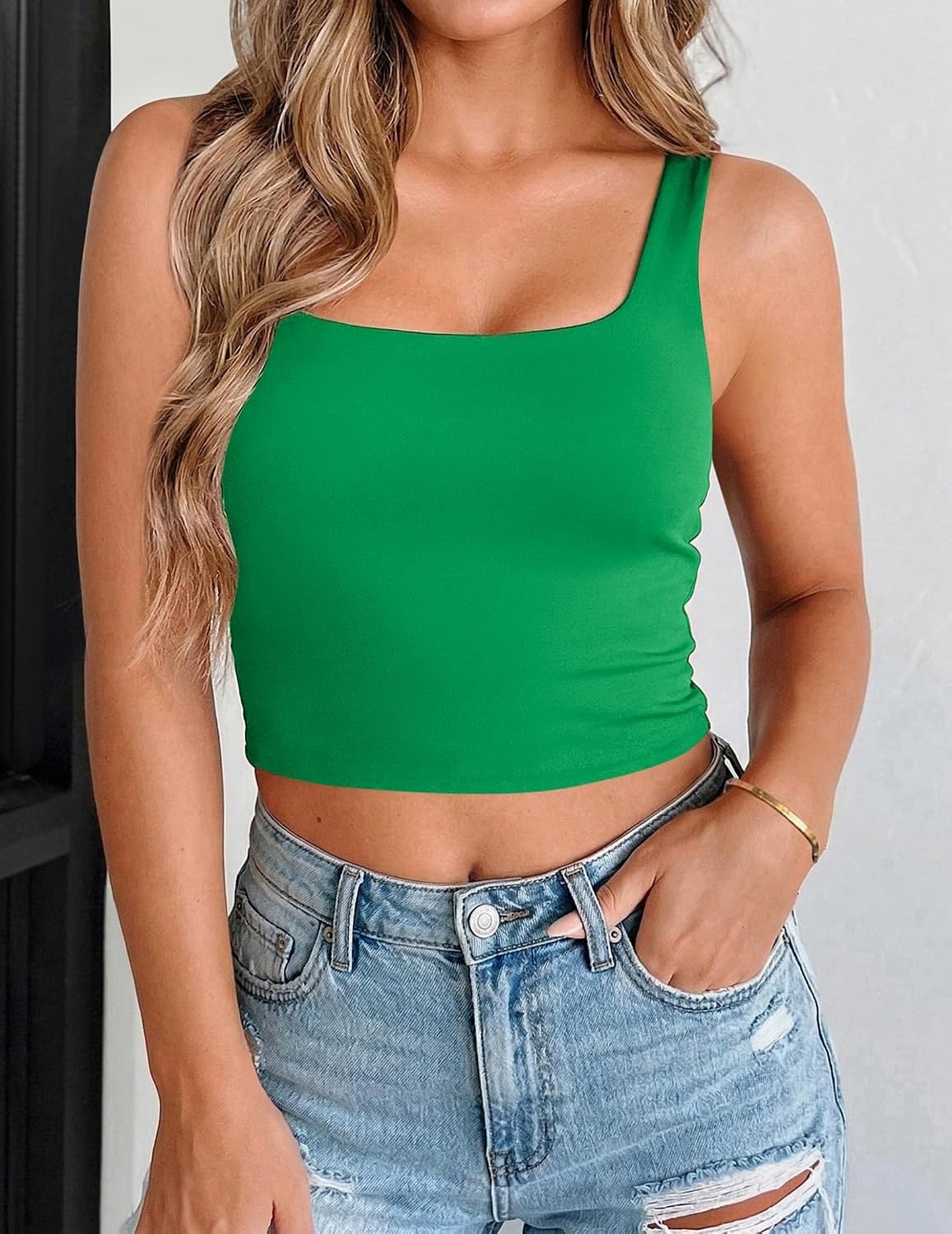 image:imageZeagoo Womens Square Neck Crop Tops Cute Double Layer Casual Slim TankGreen