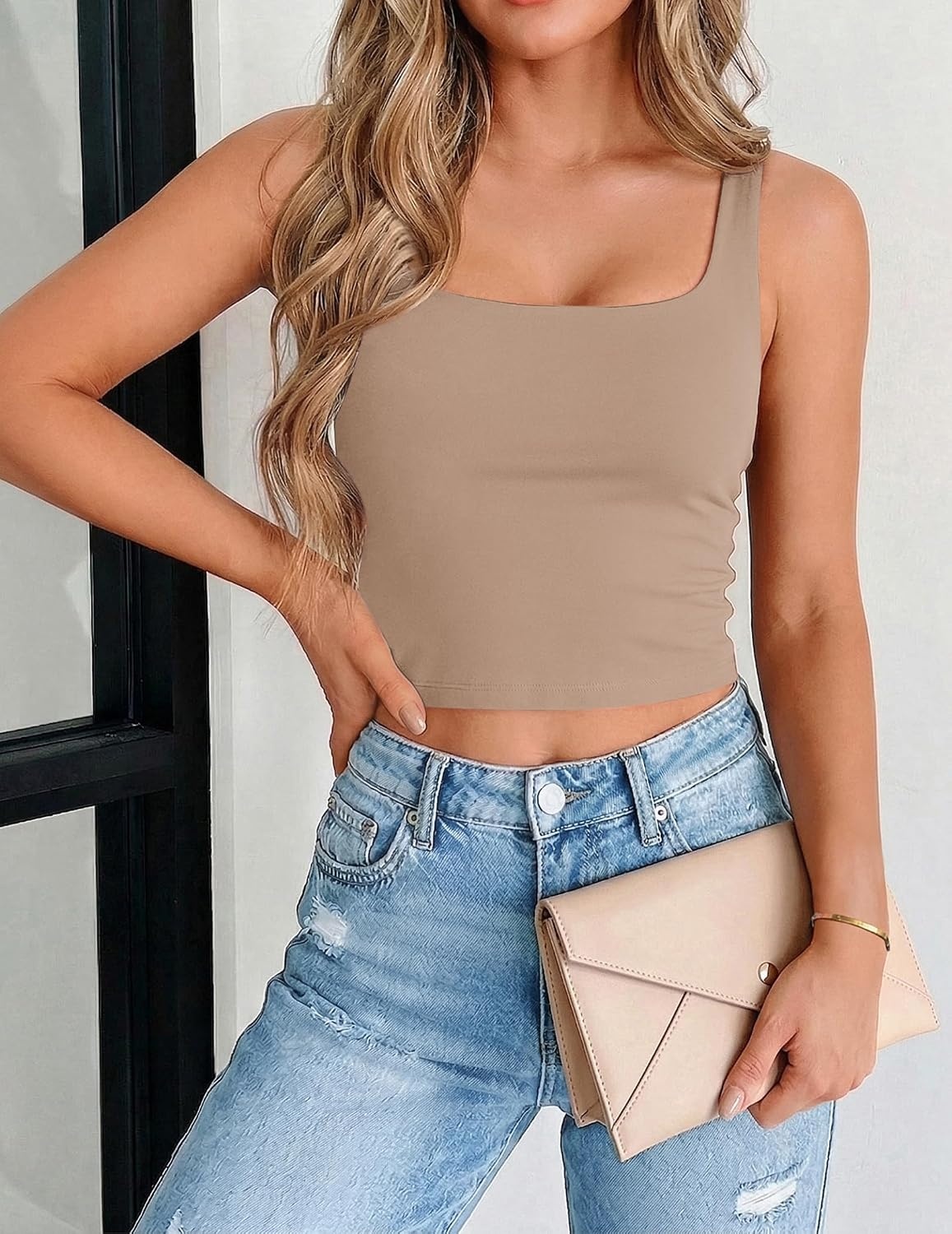 image:imageZeagoo Womens Square Neck Crop Tops Cute Double Layer Casual Slim TankKhaki