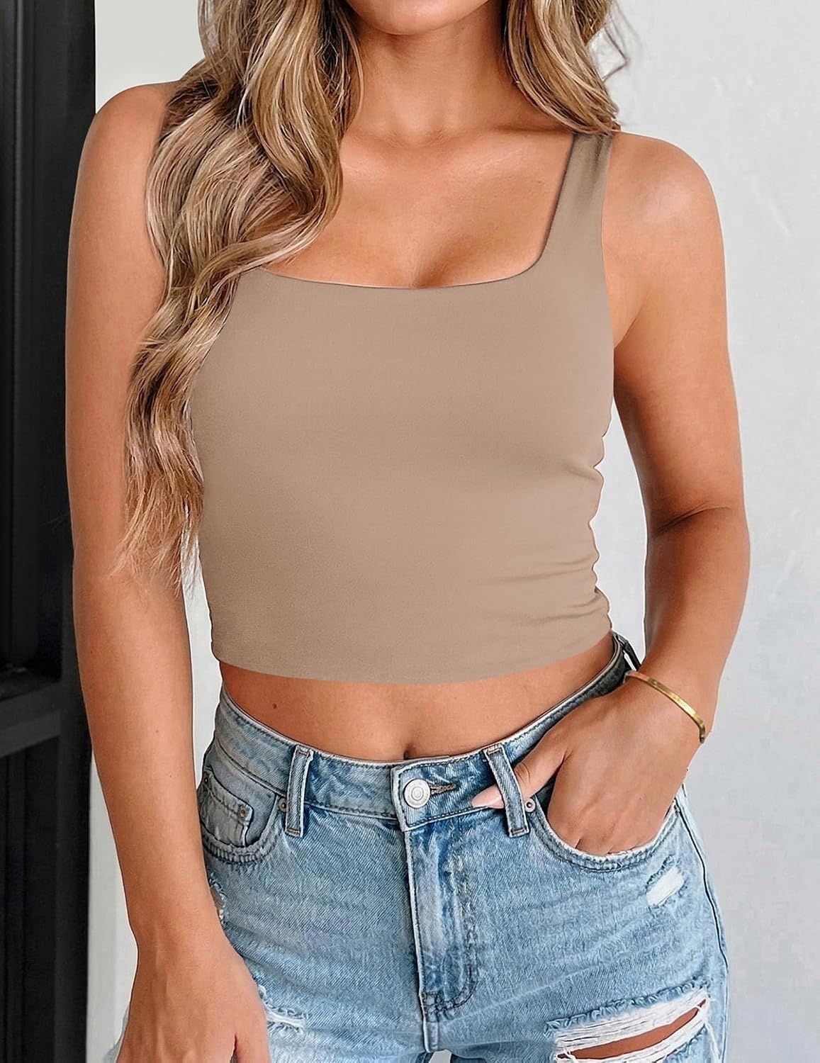 image:imageZeagoo Womens Square Neck Crop Tops Cute Double Layer Casual Slim TankKhaki