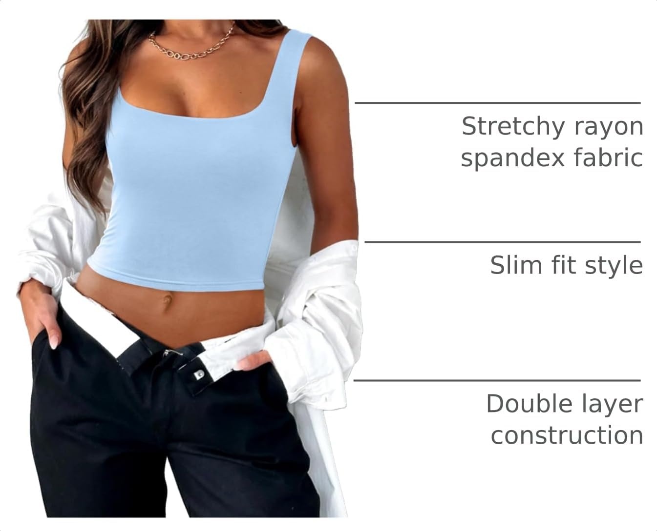 image:imageZeagoo Womens Square Neck Crop Tops Cute Double Layer Casual Slim TankLight Blue
