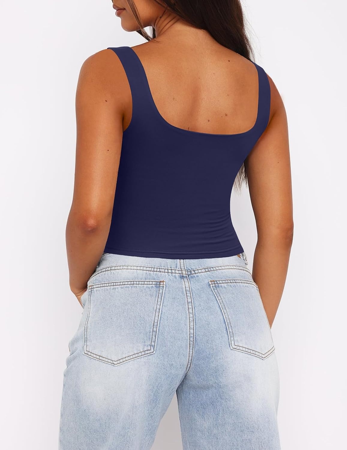 image:imageZeagoo Womens Square Neck Crop Tops Cute Double Layer Casual Slim TankNavy Blue
