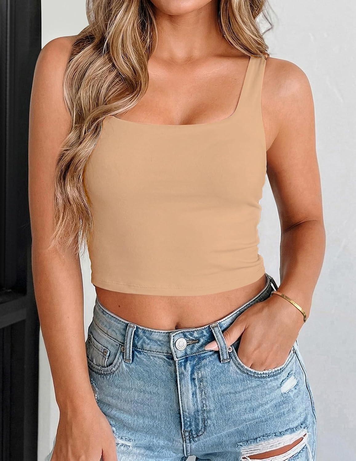 image:imageZeagoo Womens Square Neck Crop Tops Cute Double Layer Casual Slim TankNude