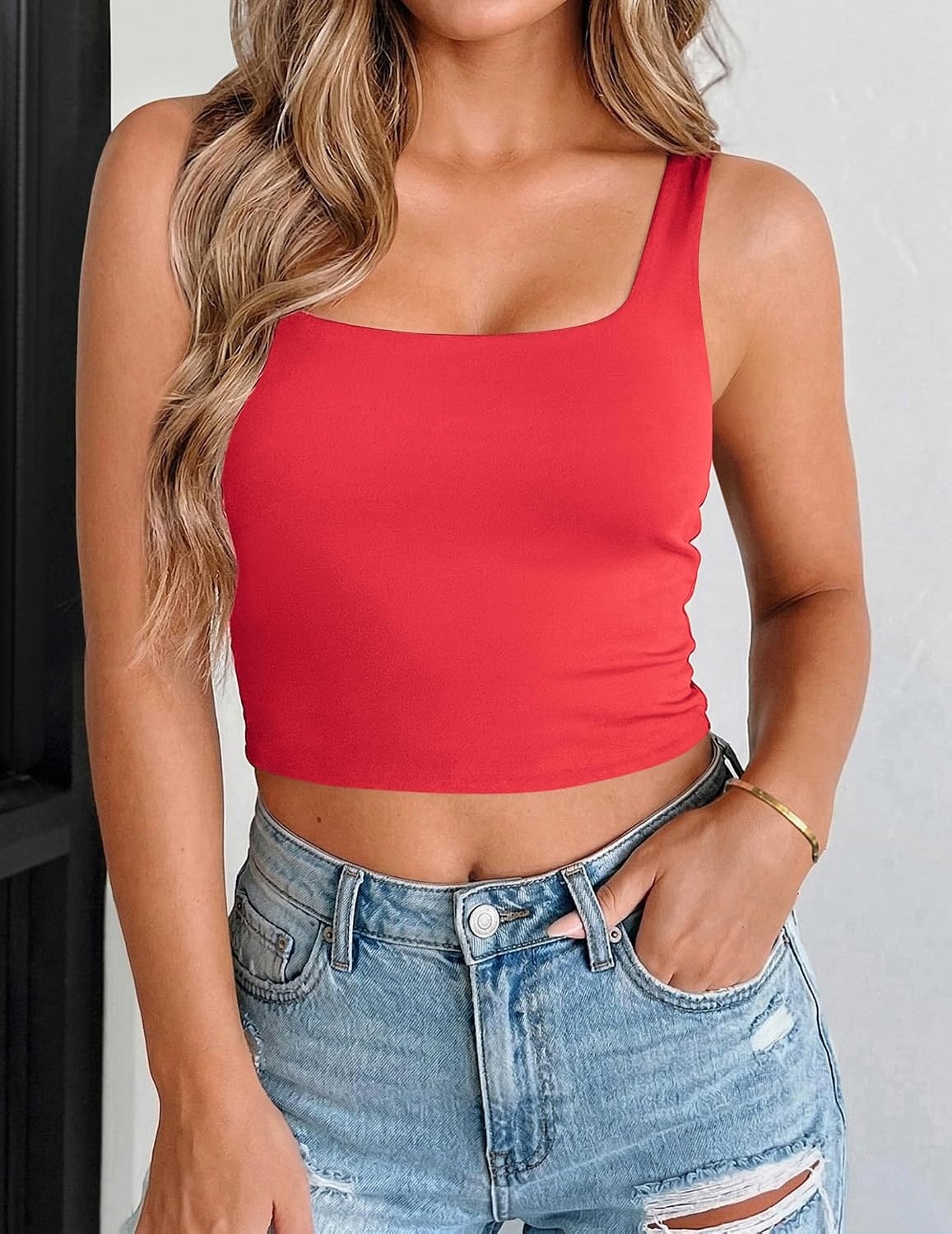 image:imageZeagoo Womens Square Neck Crop Tops Cute Double Layer Casual Slim TankRed