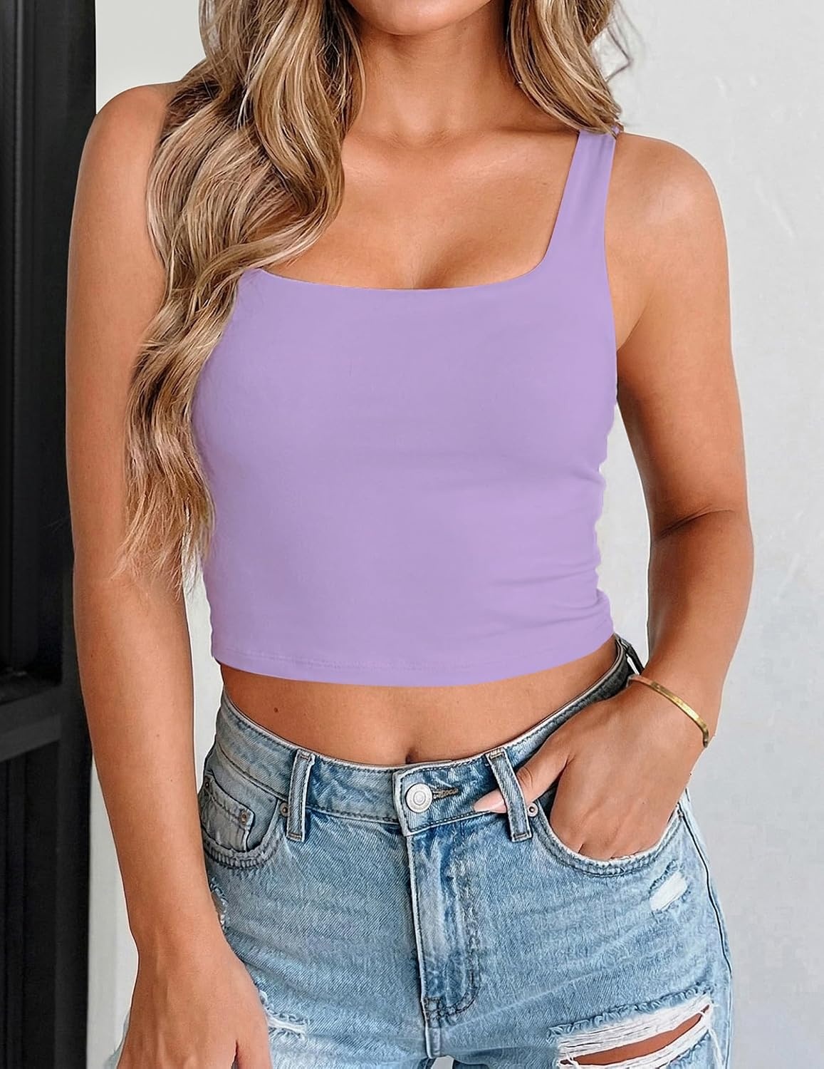 image:imageZeagoo Womens Square Neck Crop Tops Cute Double Layer Casual Slim TankViolet